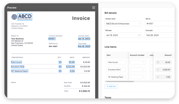 product screen an Invoice and ORC reading data 